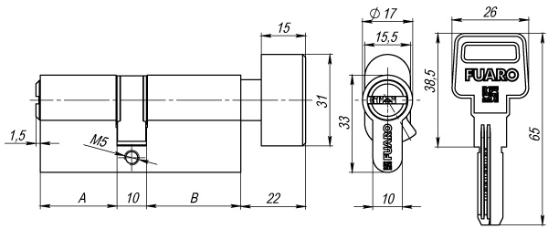 Циліндровий механізм FUARO з вертушкою R 602/70mm (30+10+30) CP хром 5 кл.  26135