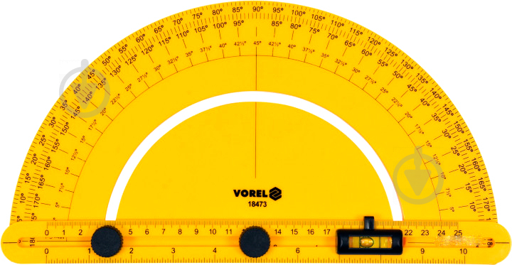 Транспортир VOREL з шкалою 0-180º і рухомим рівнем l=250 мм, з блокувальними гвинтами арт.18473 