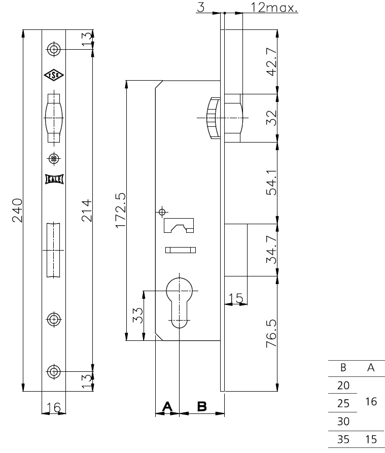 Корпус замка врізного циліндрового KALE KILIT вузькопроф. 155/P (35мм) w/b хром без отв.  10378