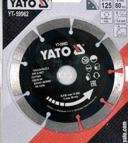 Диск відрізний алмазний по каменю і бетону YATO Ø=125x2x10x22.2 мм, в мокрому і сухому режимі арт.YT-59962