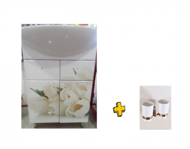 Тумба+умивальник "Лібра 60" білі тюльпани + Стакан скляний настінний подвійний, золото