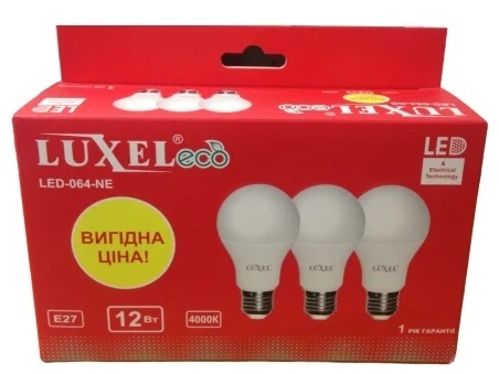 Лампа LED A60 230V 12w 1020Lm E27 4000K шарик (3шт/уп) EKO LUXEL ( 064-NE*3)