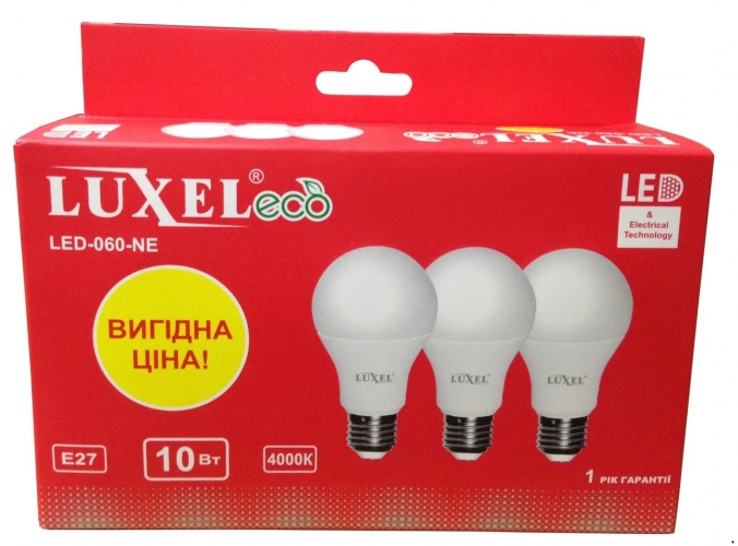 Лампа LED A60 230V 10w 820Lm E27 4000K шарик (3шт/уп) EKO LUXEL ( 060-NE*3)